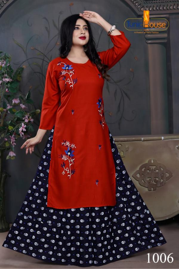 Tunic House Nexa 4 Fancy Rayon Embroidery Kurti With Skirt 